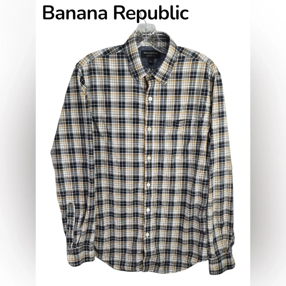Banana Republic Plaid Button-Down Shirt in Black, Tan & White Mens Size Small